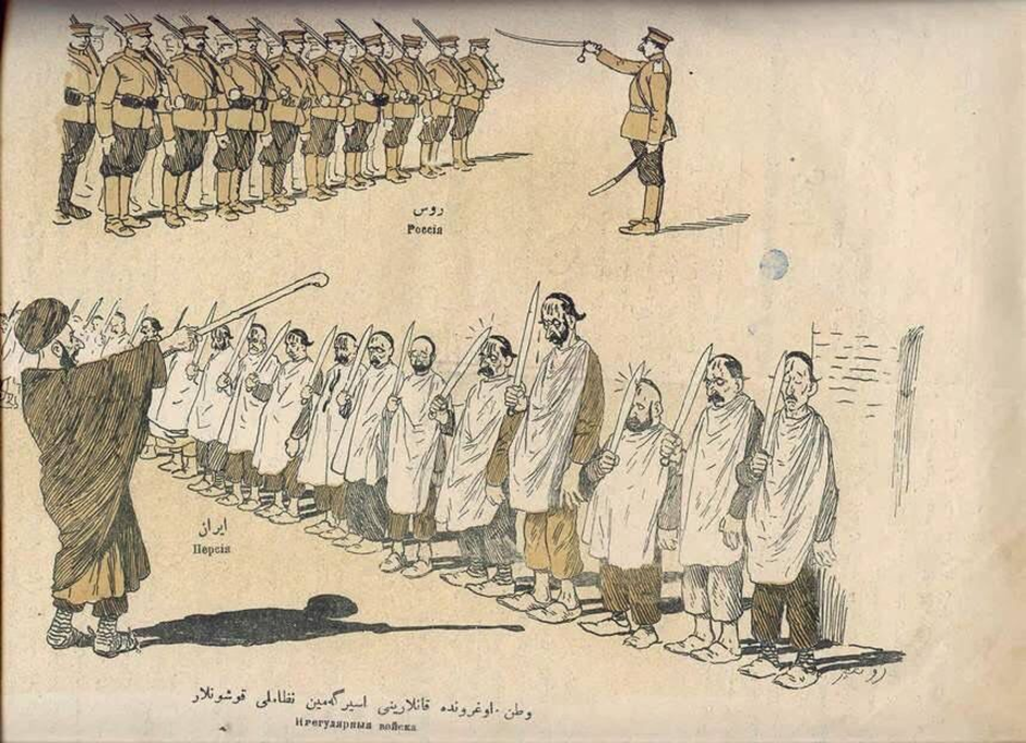 “Molla Nəsrəddin” jurnalından karikatura - Ruslar hərbi təlimlər keçirlər, İranda isə bir molla insanlara xurafat öyrədir.